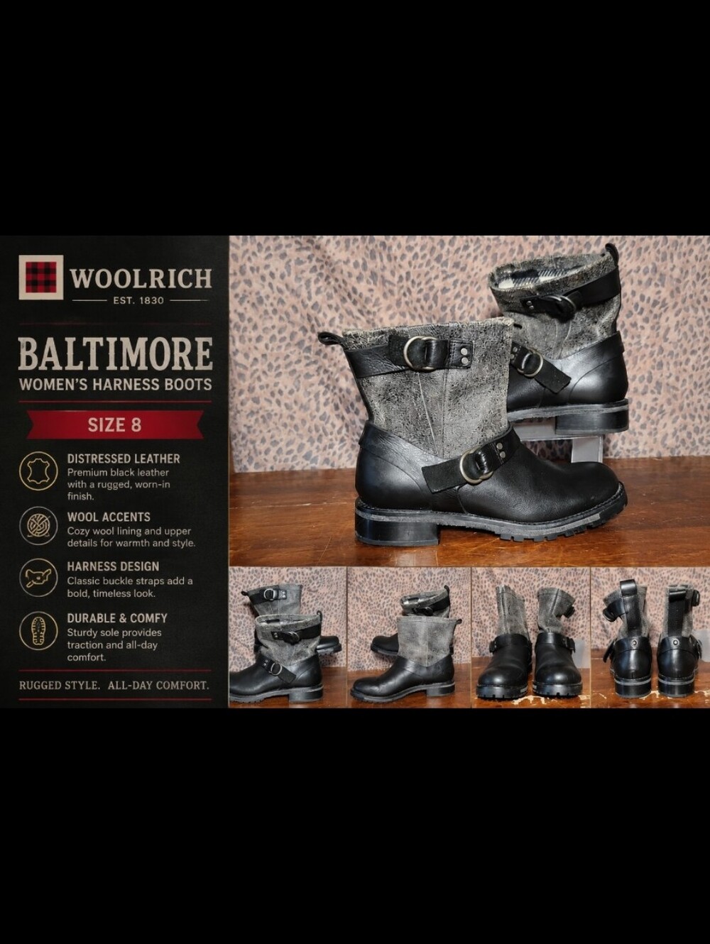 Woolrich Baltimore Women's Size 8 Black Distressed Leather Wool Harness Boots